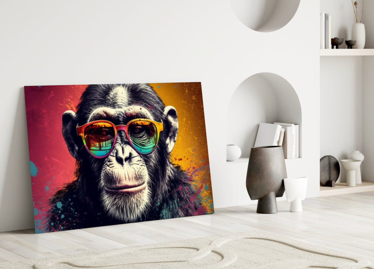 Chimp in rainbow sunglasses glass wall art leaning on the floor beside a white arched alcove and a stone vase