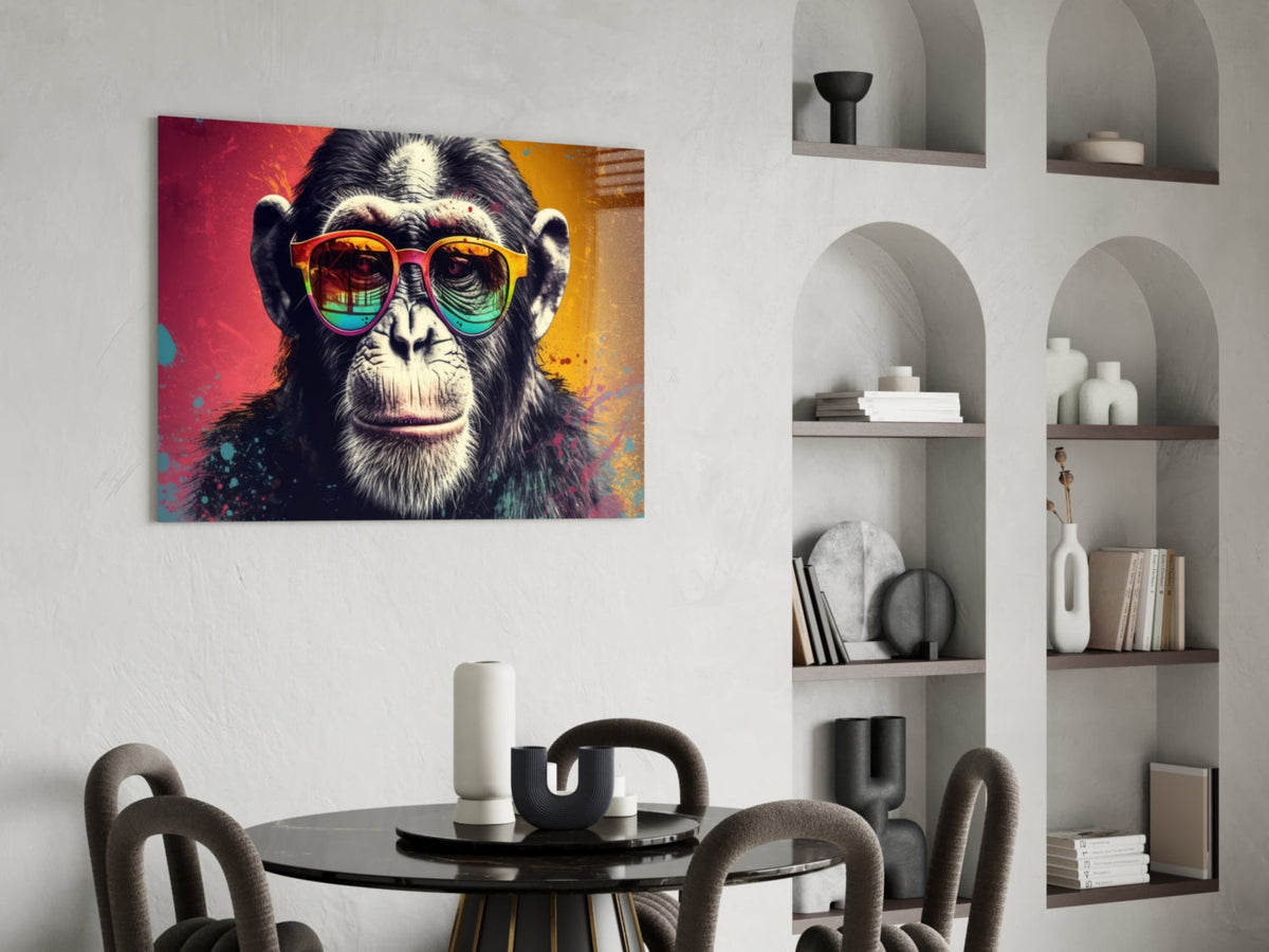 Chimp in rainbow sunglasses glass wall art above a round black dining table beside arched shelves