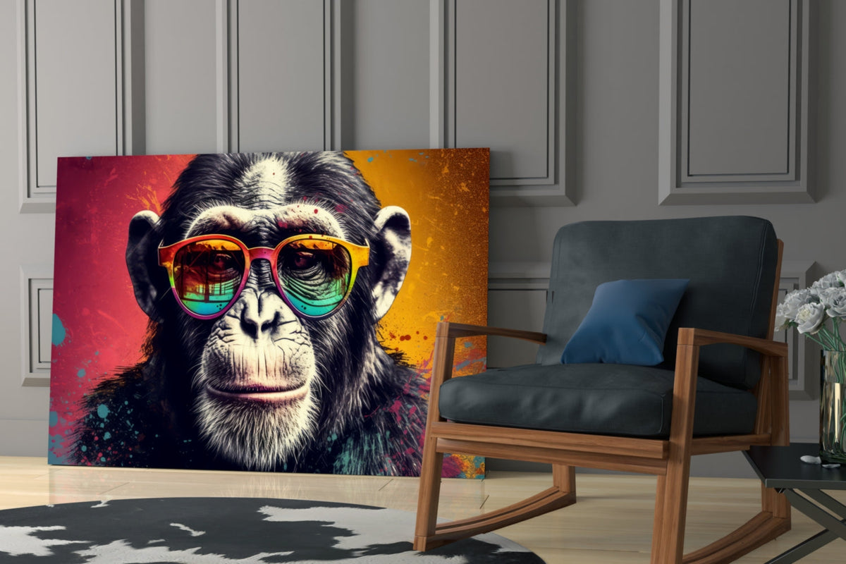 Chimp in rainbow sunglasses glass wall art leaning behind a blue armchair in a paneled gray room