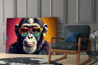 Chimp in rainbow sunglasses glass wall art leaning behind a blue armchair in a paneled gray room