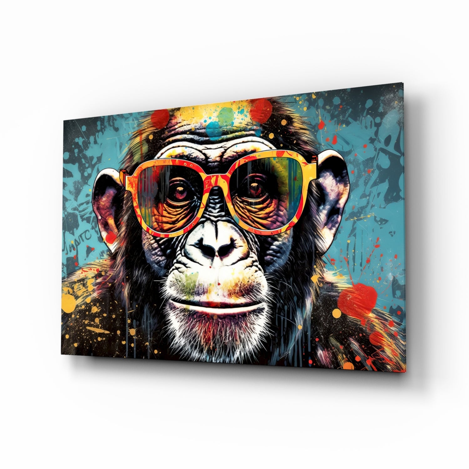 Turquoise smiling chimp glass wall art