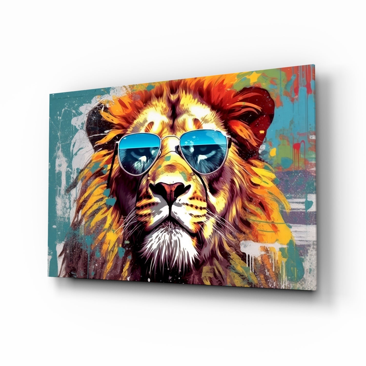 Silver aviator lion pop art glass wall art