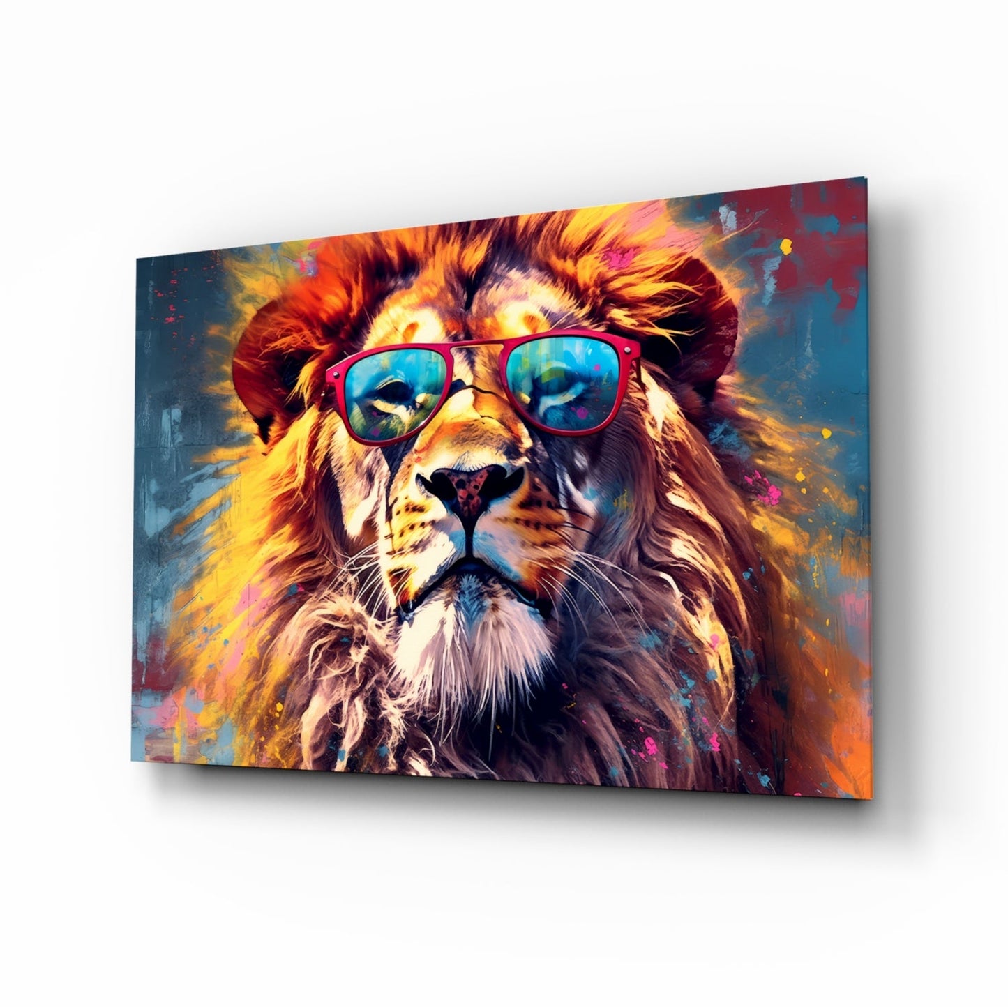 Cool lion with sunglasses pop art glass wall art magenta cyan tempered glass