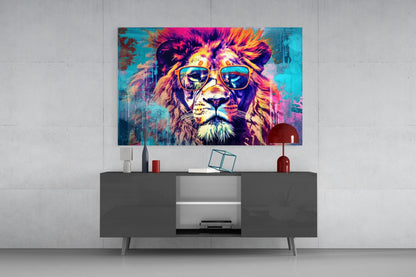 Turquoise Pop Art Lion Glass Wall Art
