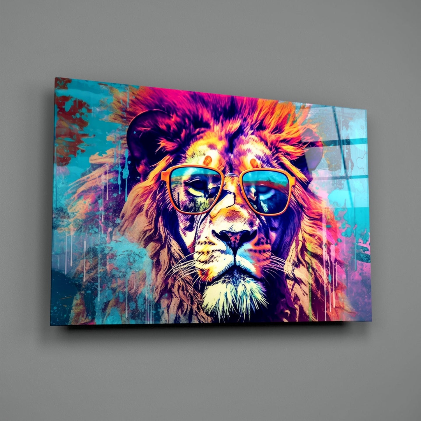 Turquoise Pop Art Lion Glass Wall Art