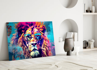 Turquoise Pop Art Lion Glass Wall Art