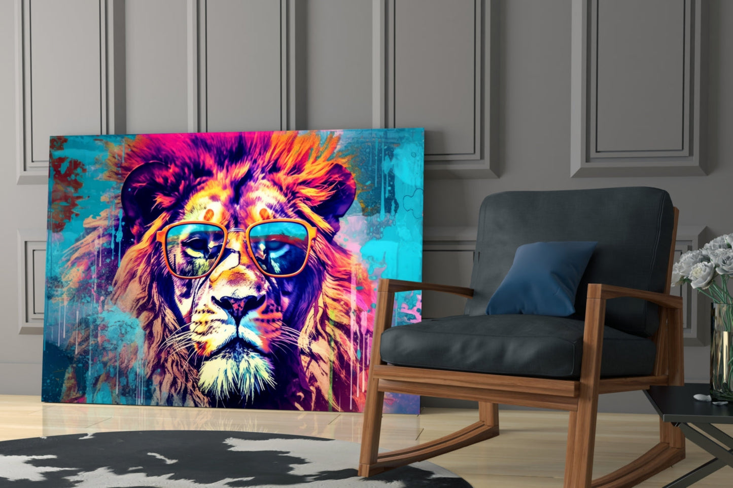 Turquoise Pop Art Lion Glass Wall Art