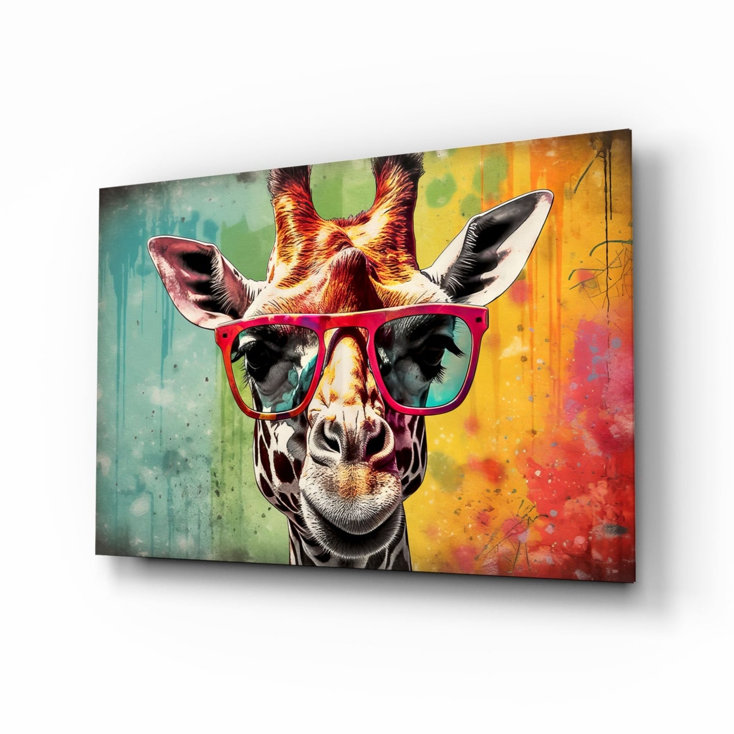 Giraffe rainbow drip glass wall art
