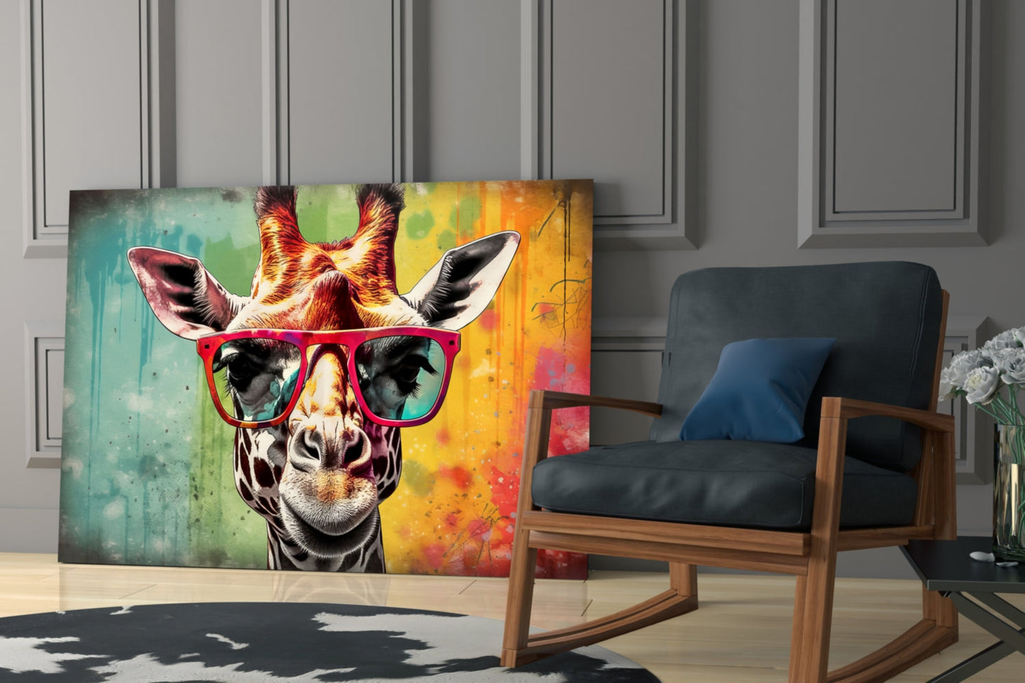 Rainbow Drip Giraffe Glass Wall Art