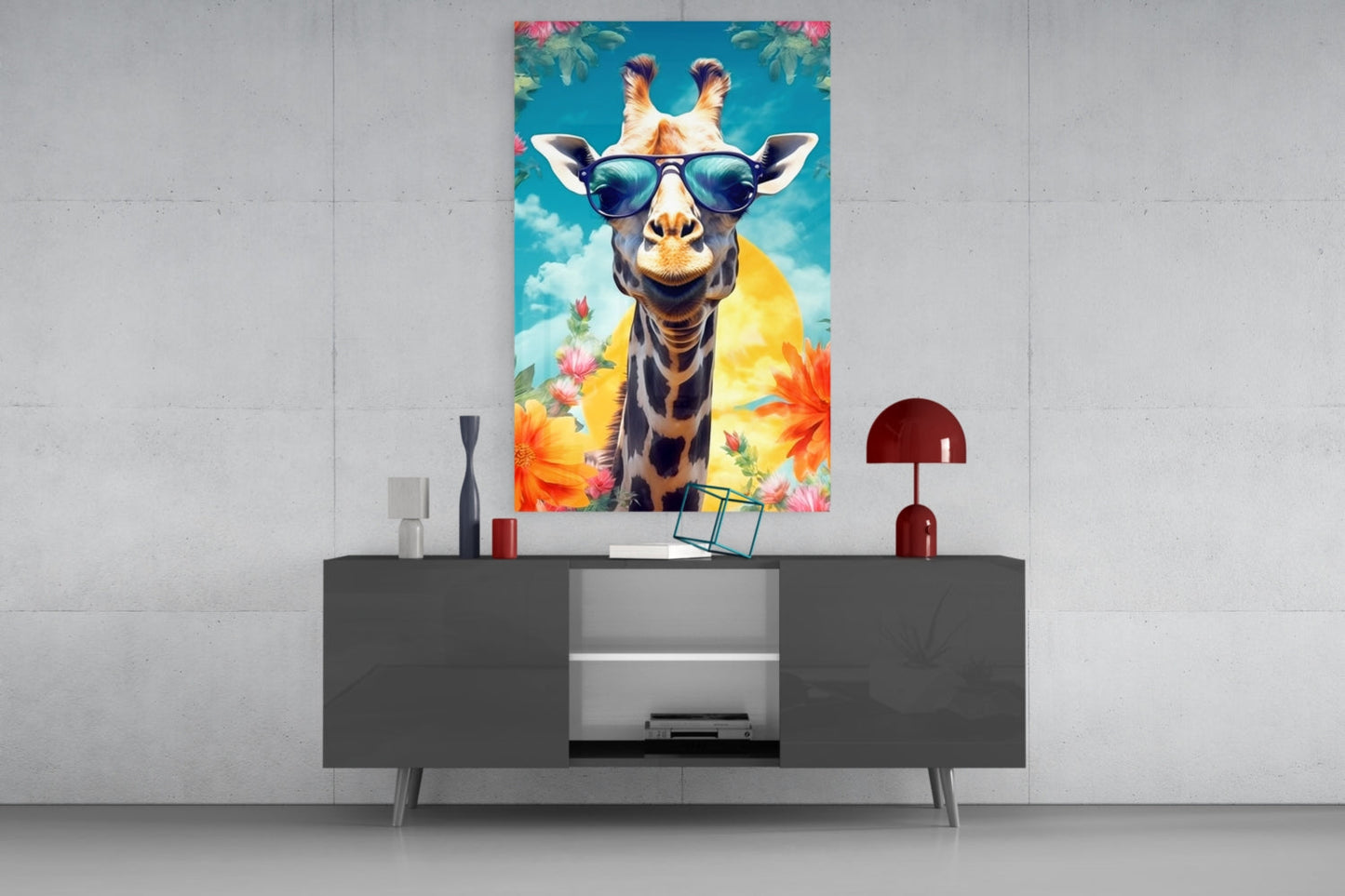 Aviator Giraffe Sunset Glass Wall Art