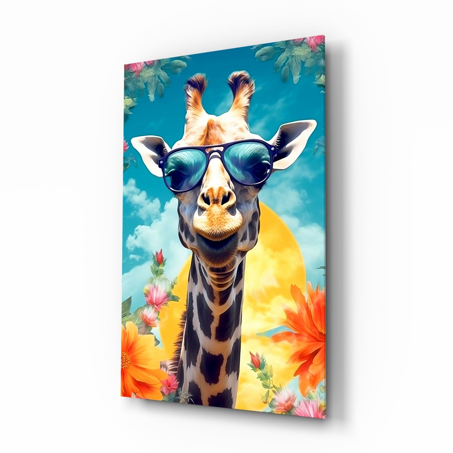Aviator giraffe sunset glass wall art