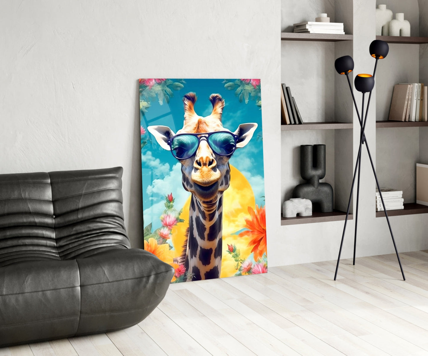 Aviator Giraffe Sunset Glass Wall Art