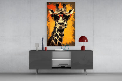 Retro Giraffe with Red Shades Glass Wall Art