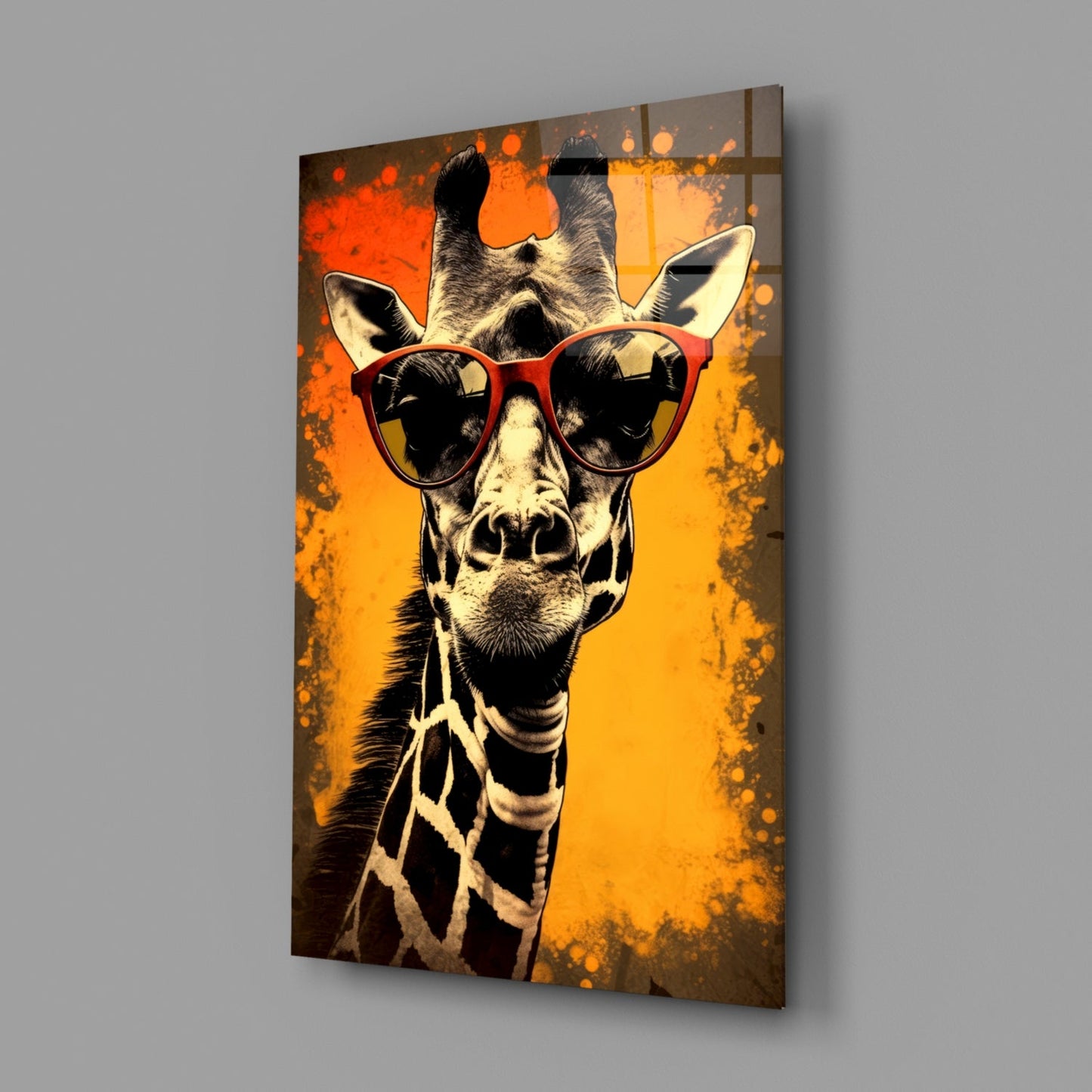 Retro Giraffe with Red Shades Glass Wall Art