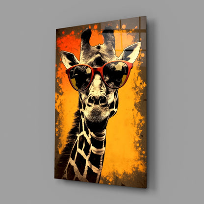 Retro Giraffe with Red Shades Glass Wall Art