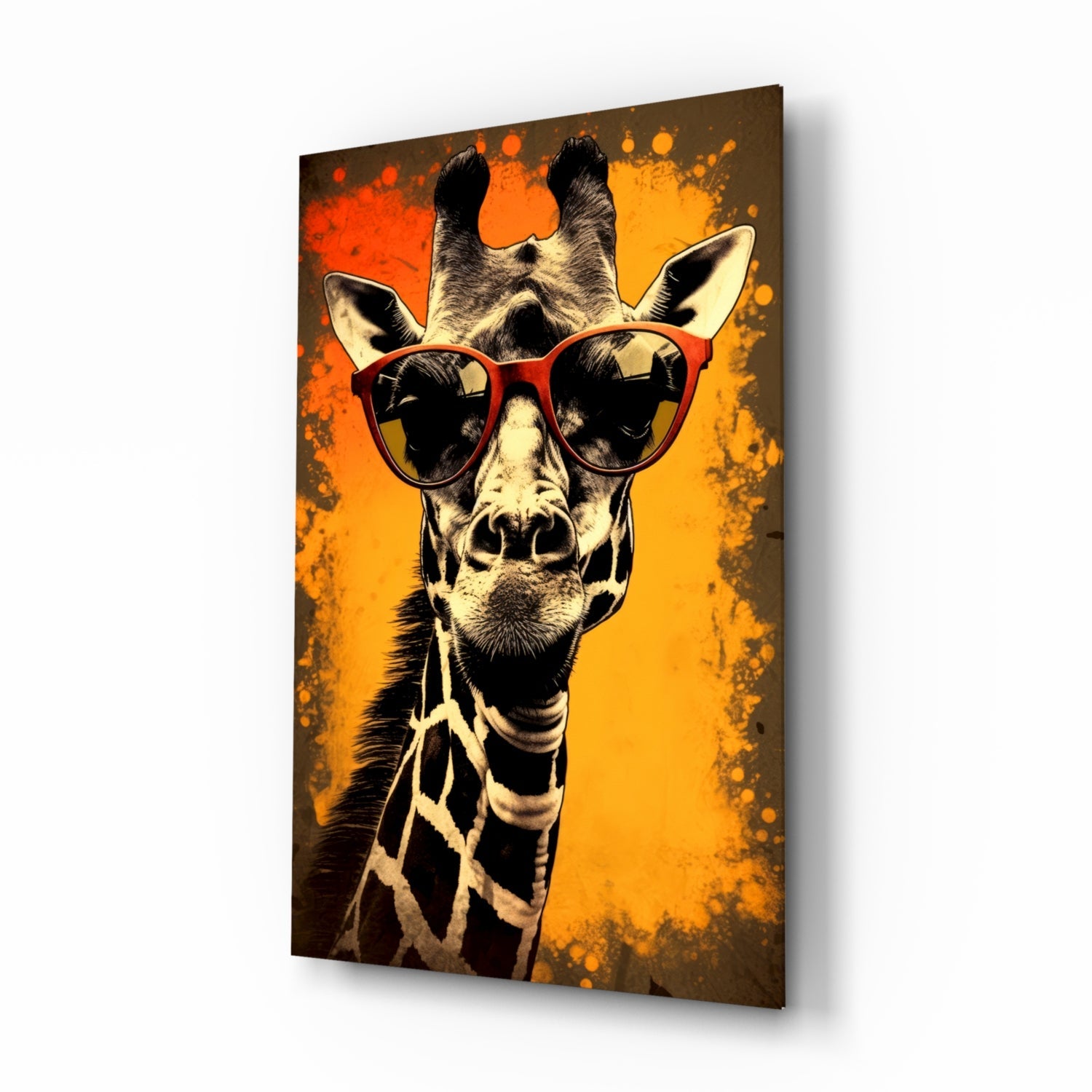 Retro giraffe with red sunglasses glass wall art