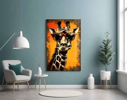 Retro Giraffe with Red Shades Glass Wall Art