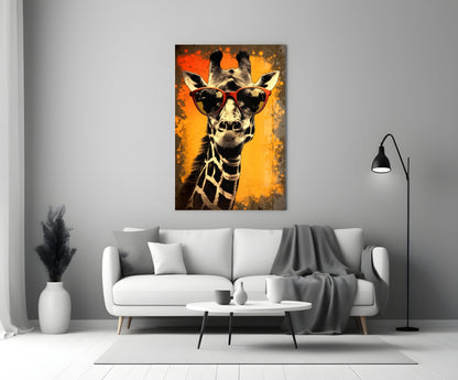Retro Giraffe with Red Shades Glass Wall Art