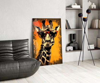 Retro Giraffe with Red Shades Glass Wall Art