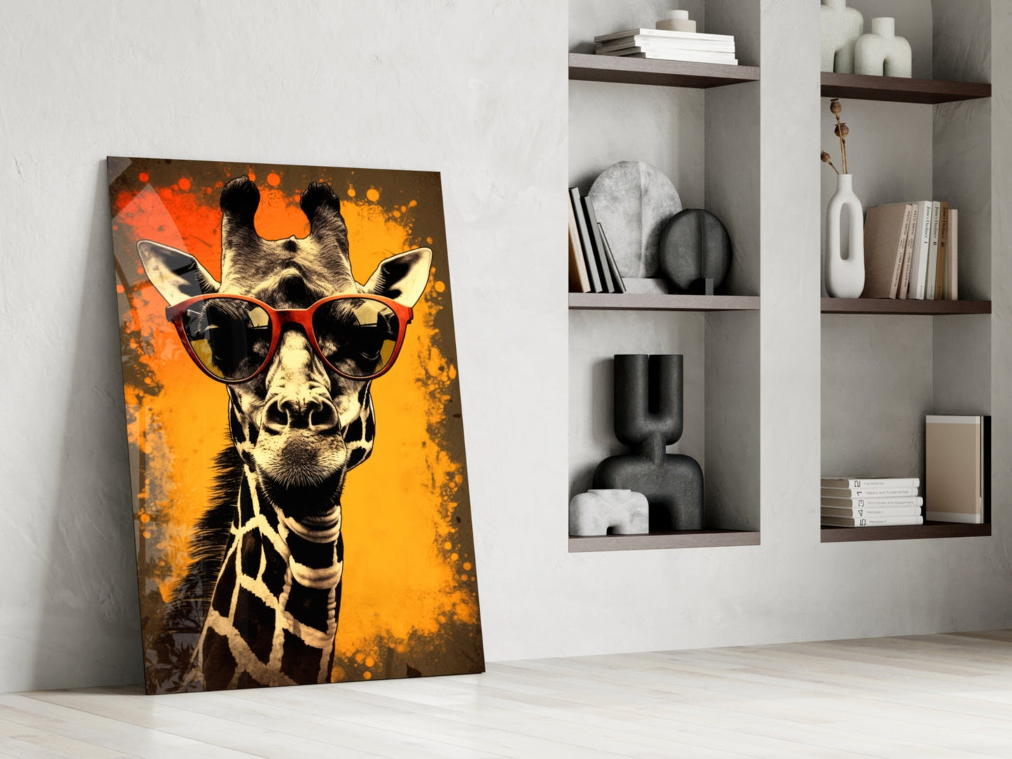 Retro Giraffe with Red Shades Glass Wall Art