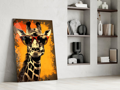Retro Giraffe with Red Shades Glass Wall Art
