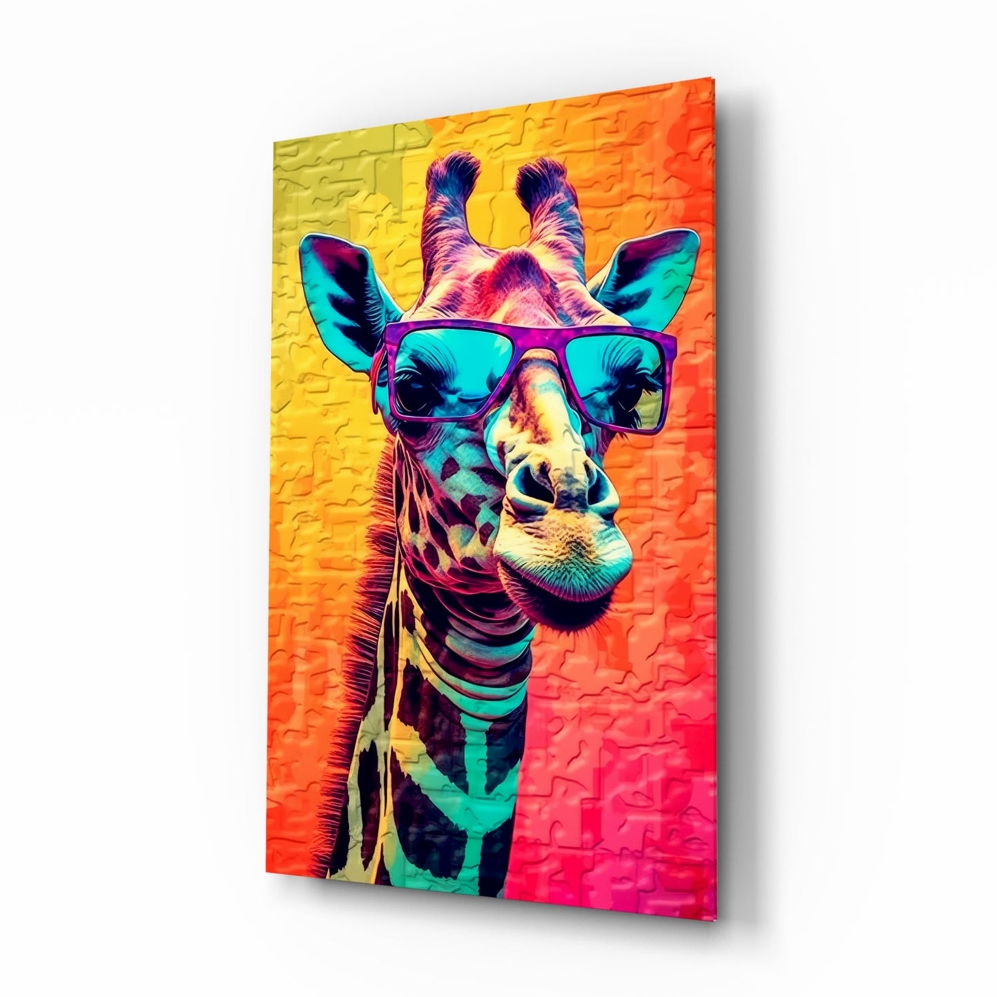Neon pop giraffe purple shades glass wall art