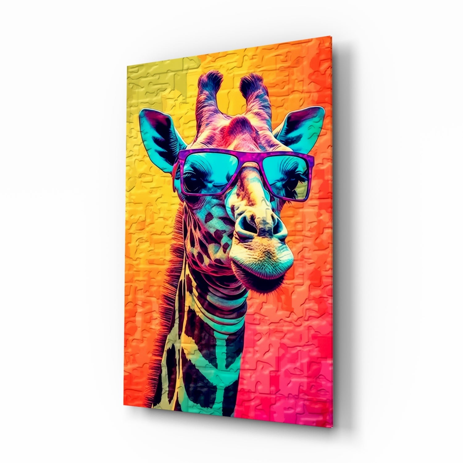 Neon pop giraffe purple shades glass wall art
