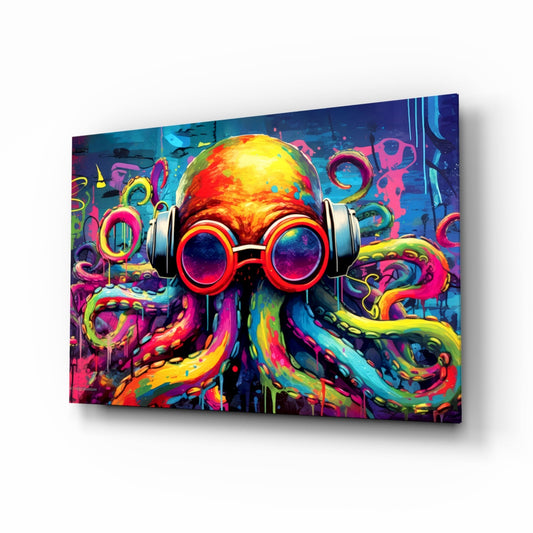 DJ octopus glass wall art, pop-graffiti octopus with steampunk goggles and neon tentacles