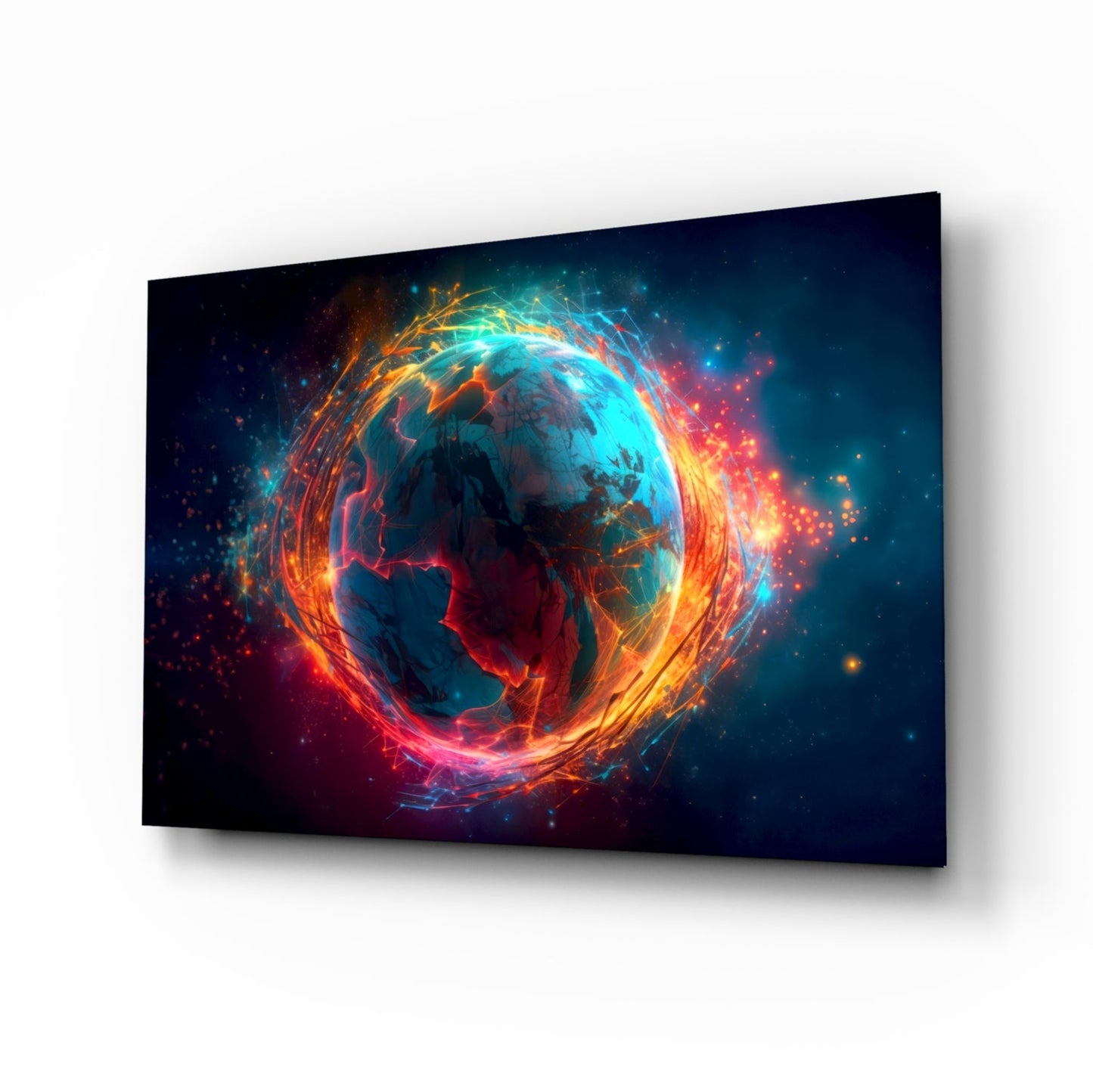 Cyan Ember World glass wall art in a modern living room
