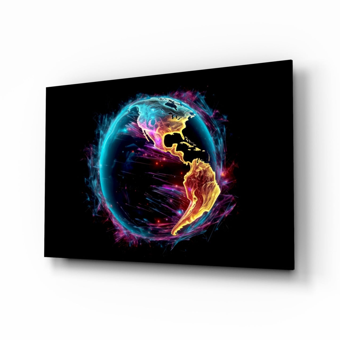 Amber Magenta World glass wall art in a modern living room