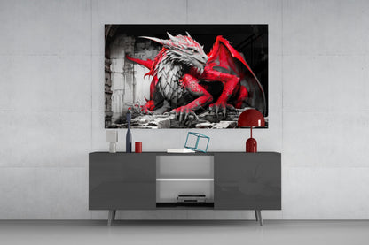 Crimson Winged Dragon Glass Wall Art