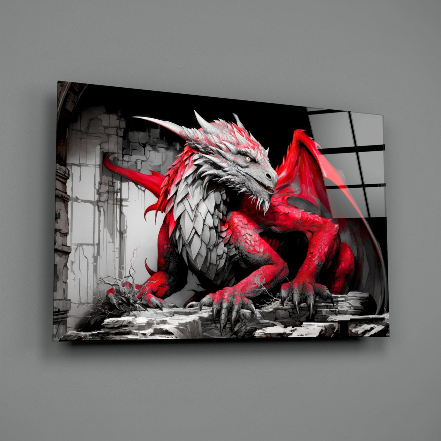 Crimson Winged Dragon Glass Wall Art