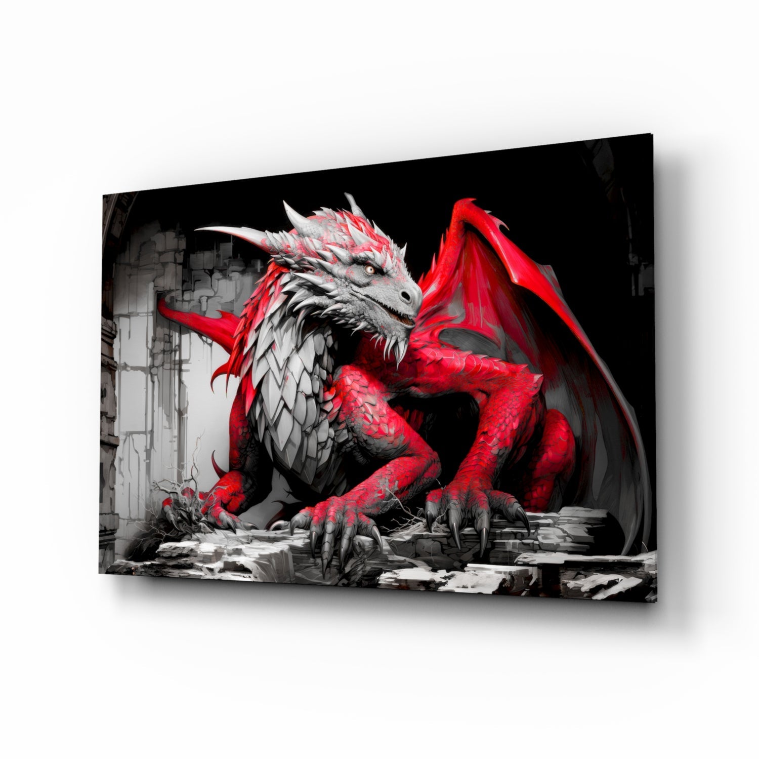 Crimson winged dragon fantasy glass wall art with polished finish