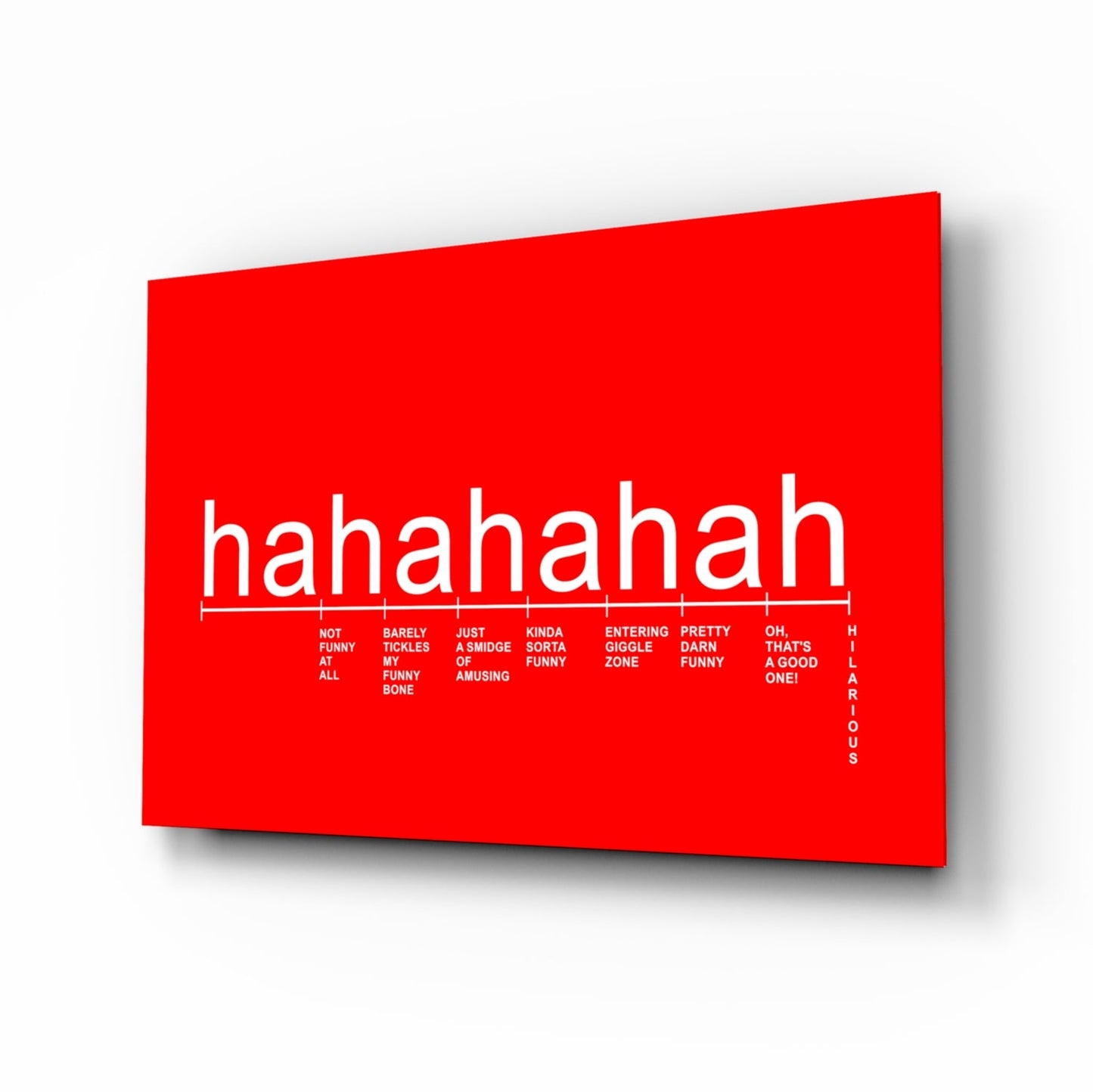 Bright red laughter meter typography glass wall art