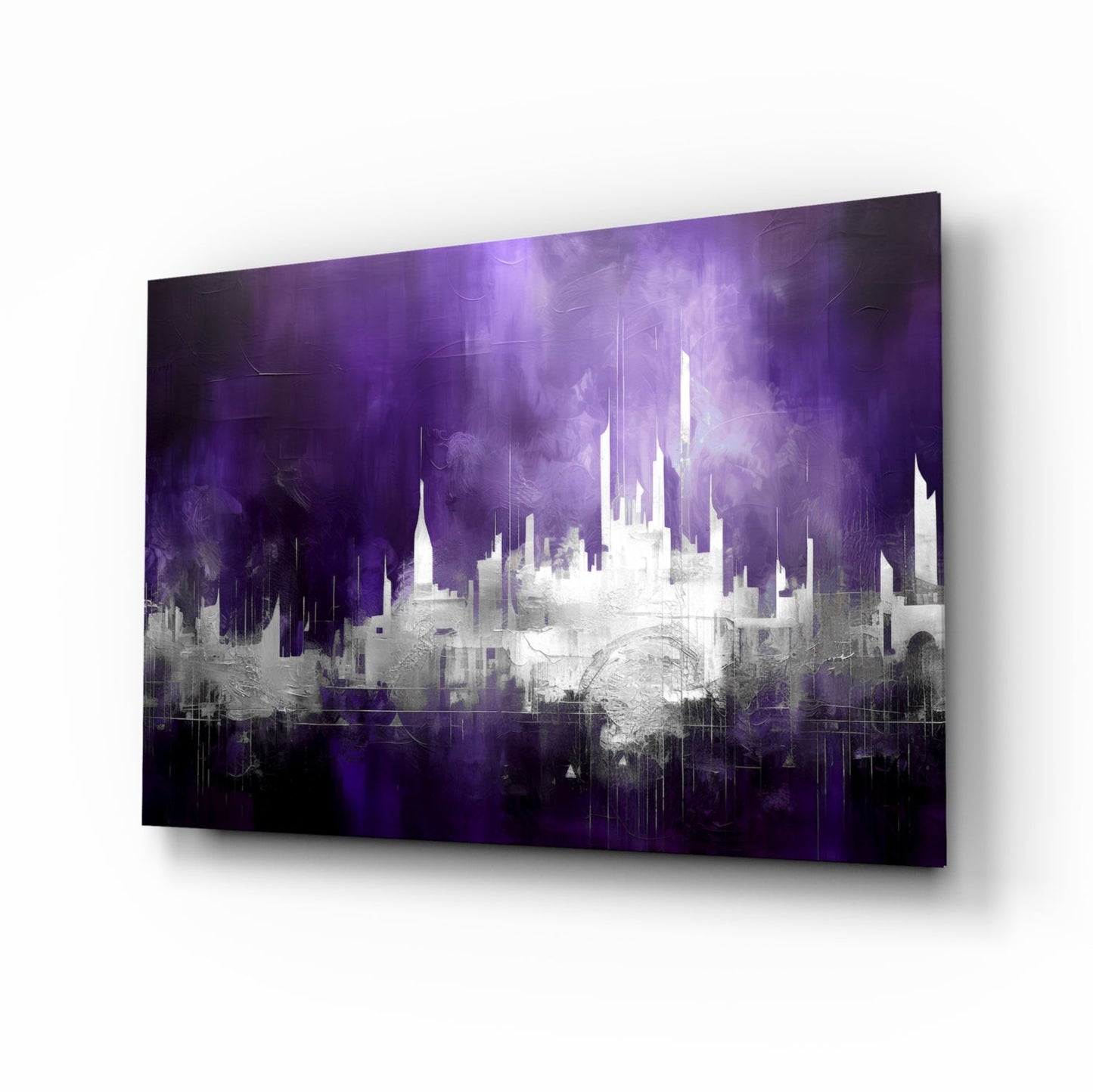 Purple Mist Abstract Skyline glass wall art with painterly city silhouette