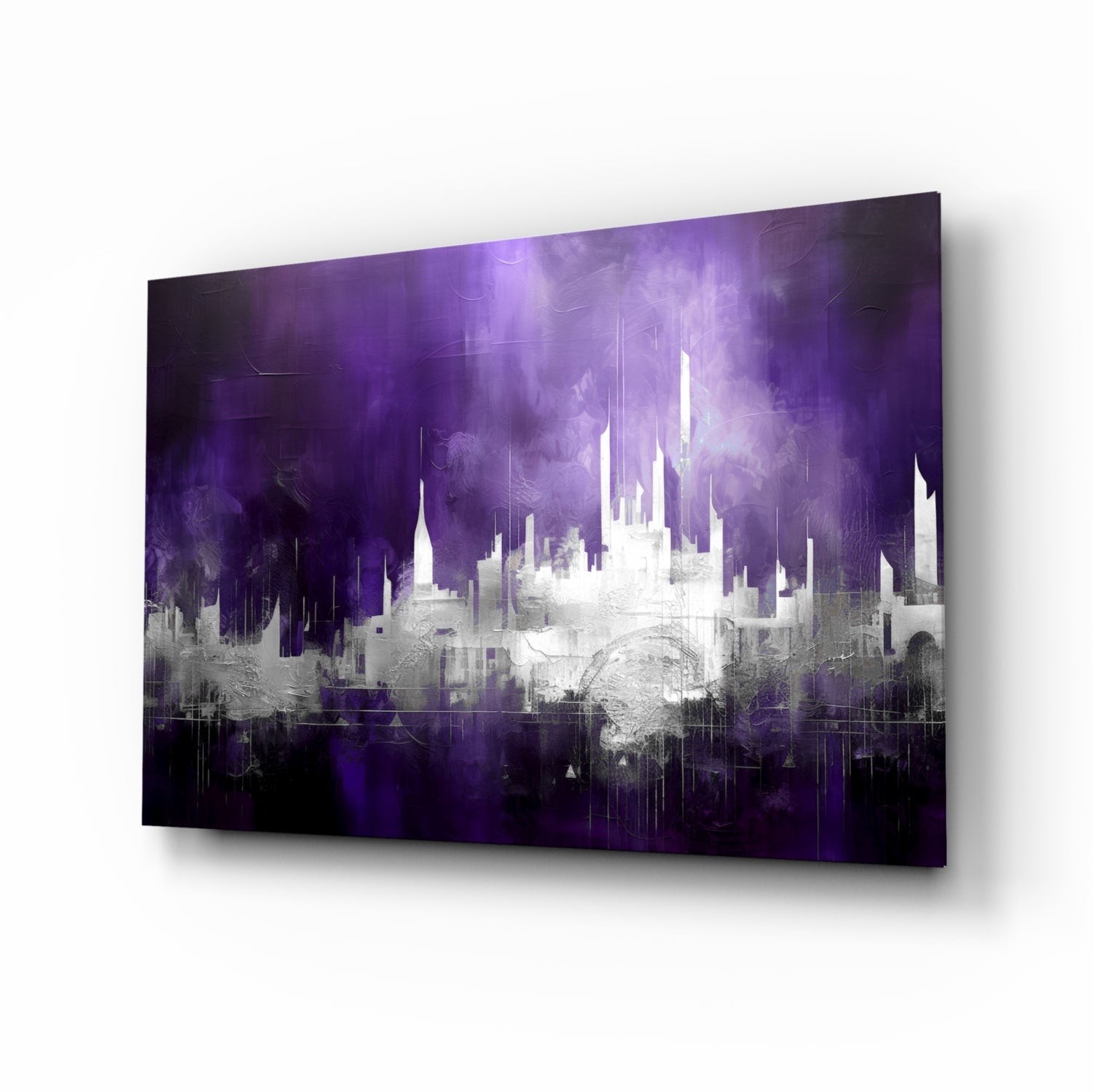 Purple Mist Abstract Skyline glass wall art with painterly city silhouette