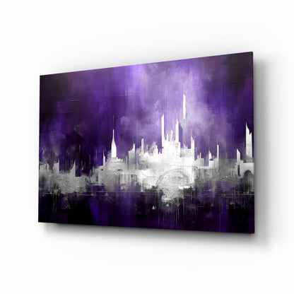 Purple Mist Abstract Skyline glass wall art with painterly city silhouette