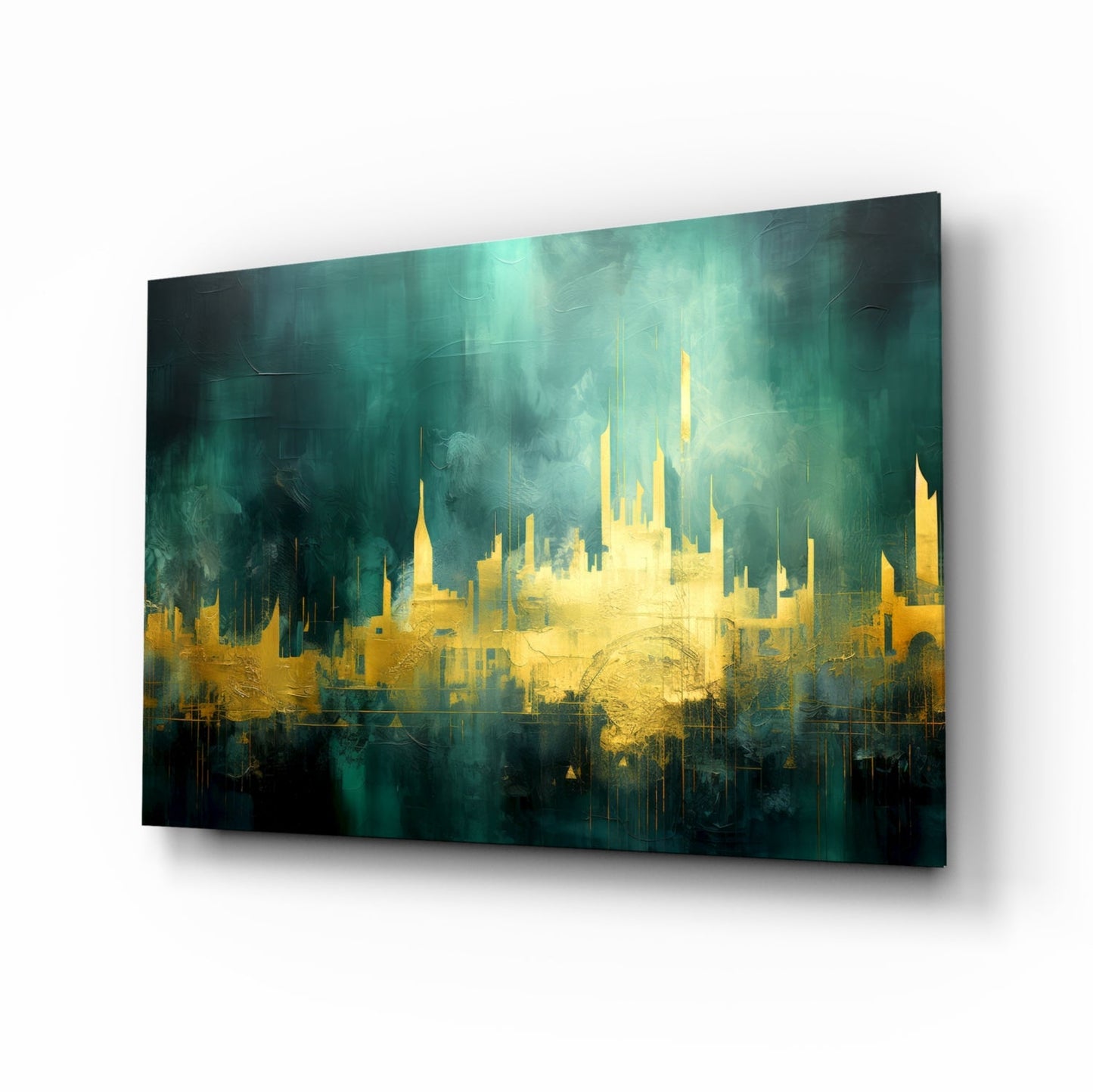 Golden Skyline Teal Mist glass wall art abstract cityscape print