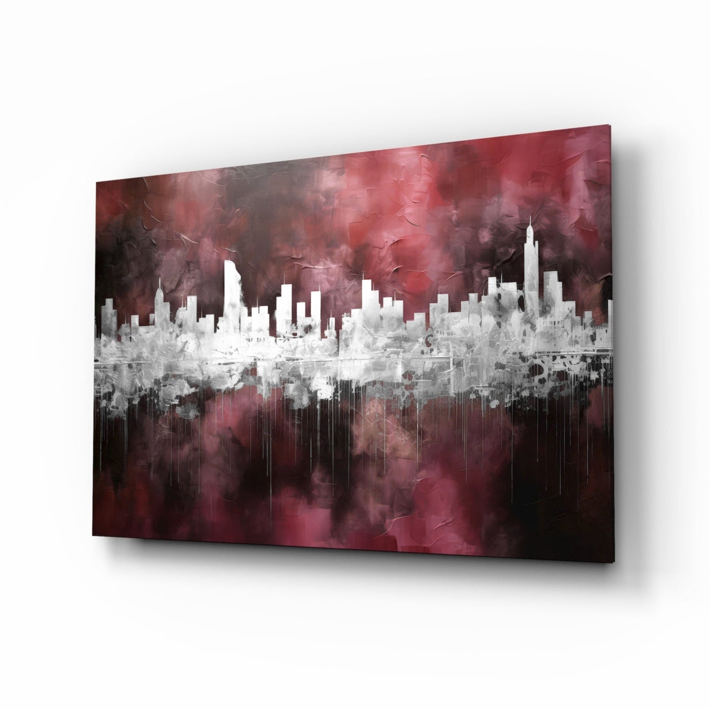Burgundy reflected city skyline glass wall art