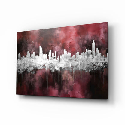 Burgundy reflected city skyline glass wall art
