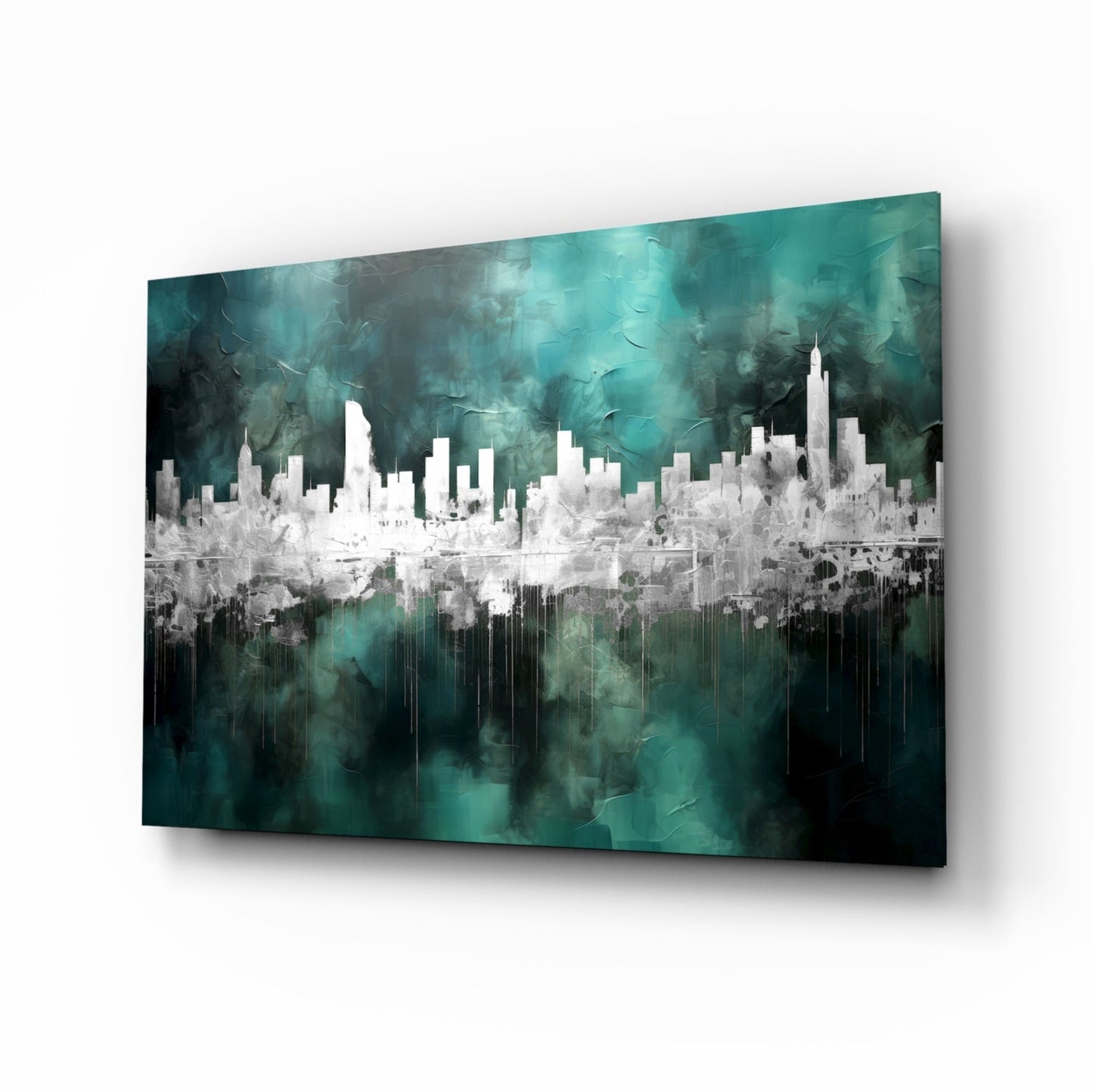 Teal city skyline glass wall art