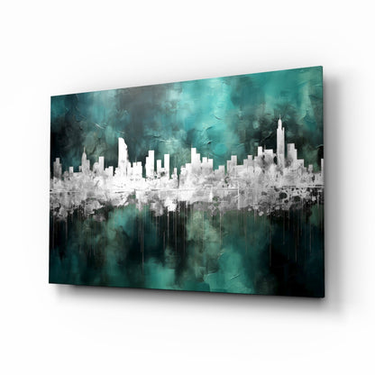 Teal city skyline glass wall art