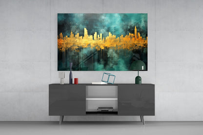 Teal Gold City Skyline Glass Wall Art
