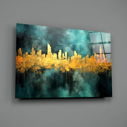Teal Gold City Skyline Glass Wall Art