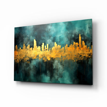 Teal Gold City Skyline Glass Wall Art