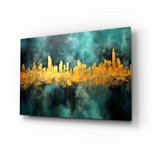 Gold skyline on teal glass wall art shown at an angle on a white background