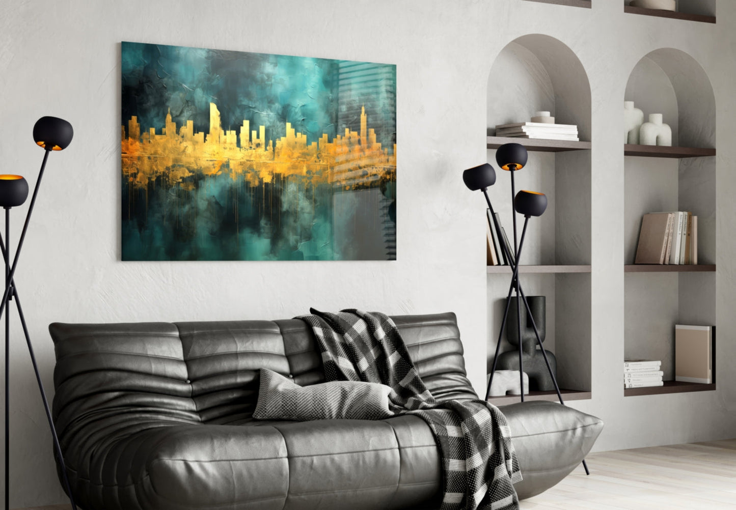Teal Gold City Skyline Glass Wall Art