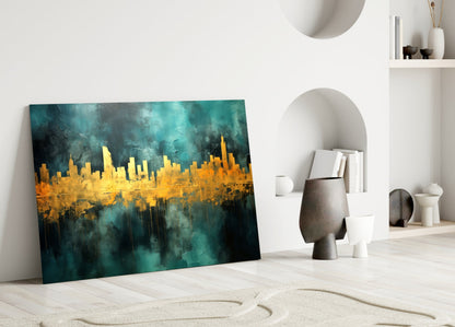 Teal Gold City Skyline Glass Wall Art
