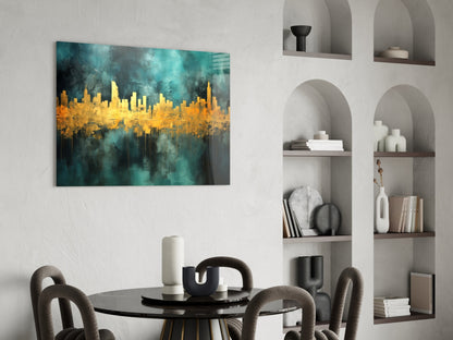 Teal Gold City Skyline Glass Wall Art