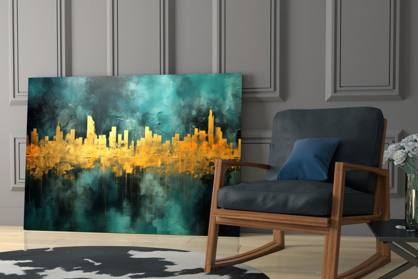 Teal Gold City Skyline Glass Wall Art